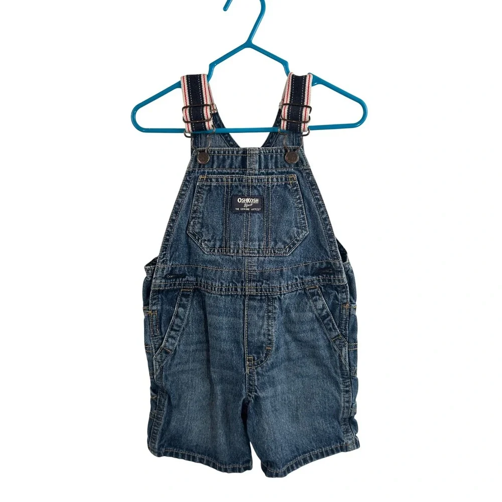 OshKosh B'gosh Denim Shortalls 18M Blue Striped Straps Kids Overalls